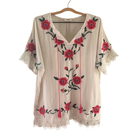 Umgee Embroidered Tunic Top Floral Lace Trim Tassel Bohemian Festival Cover Up M - Picture 1 of 9